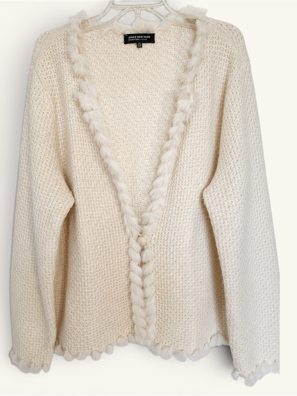 Jones New York Signature Wool Angora Blend Waffle Knit Fur Trim Cardigan Size 2X